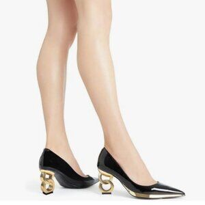 FSJ Black Gold Chain Chunky Heel Pumps Pointed Toe Slip On High Heel Ladies Shoe